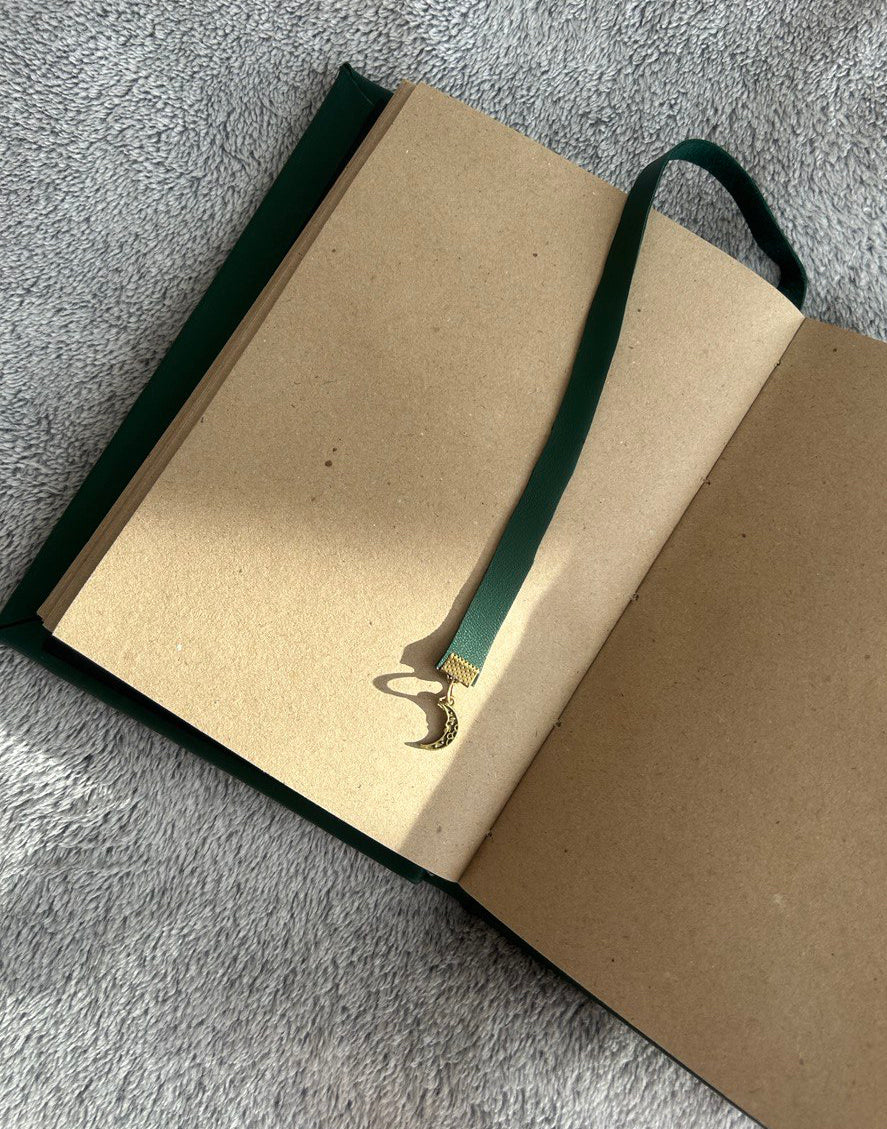 Green Triple Moon Leather Grimoire - Handmade Witchcraft Journal A5/A4 • Locking Spellbook • Eco Kraft Pages