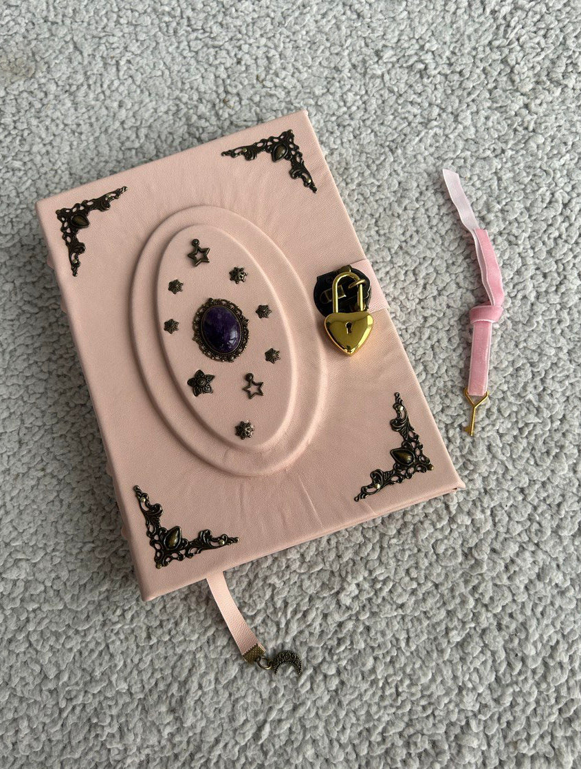 Powder Pink Amethyst Grimoire - Handmade Leather Witchcraft Journal • Heart-Lock Spellbook • Mystical Gift Book