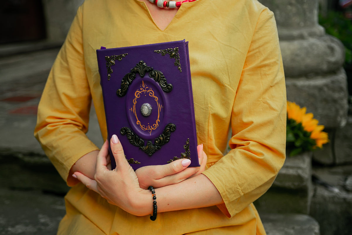 Rose Quartz Grimoire, Crystal Book of Shadows, Purple Leather Spell Book, Handmade Witch Journal