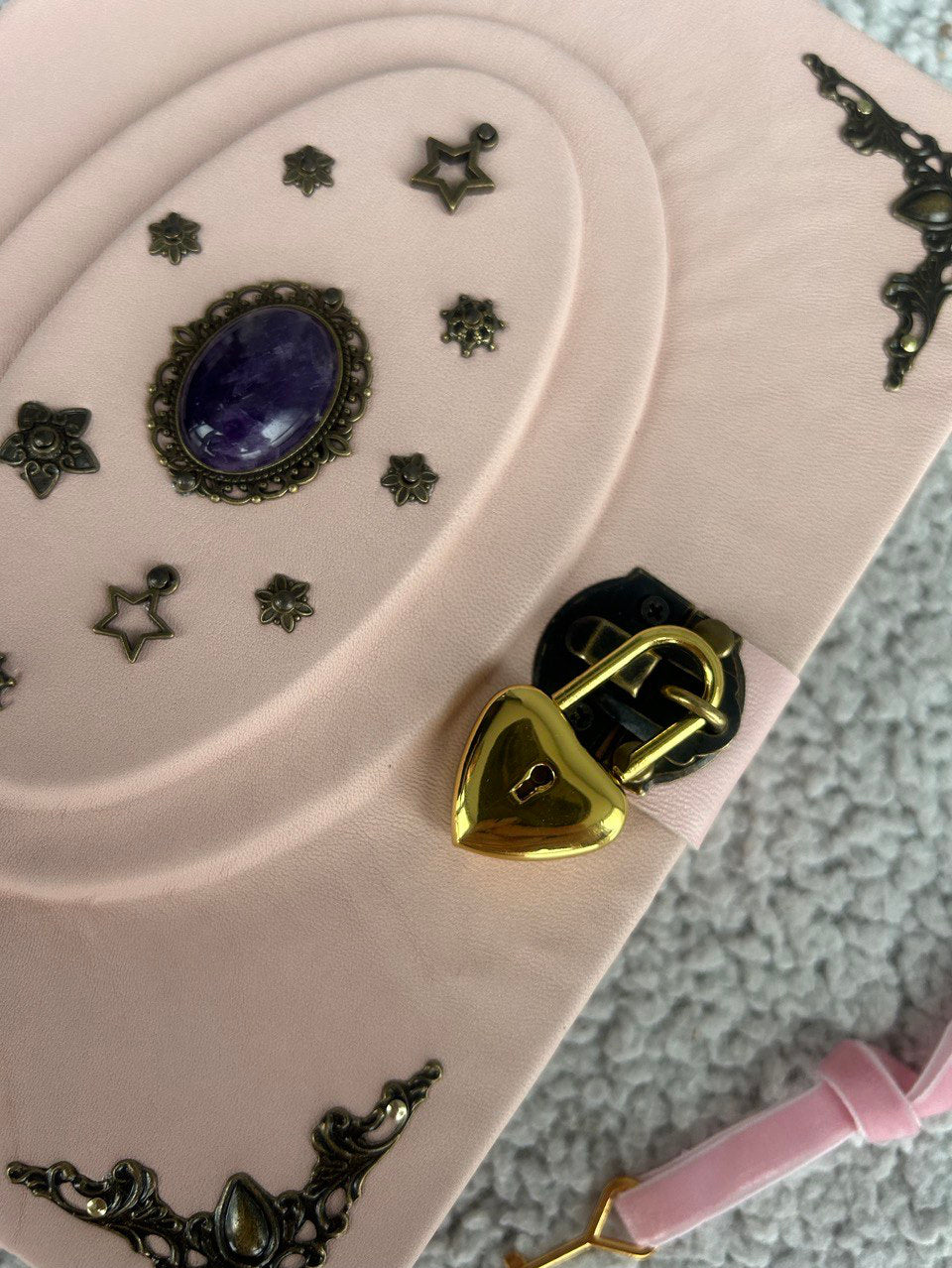 Powder Pink Amethyst Grimoire - Handmade Leather Witchcraft Journal • Heart-Lock Spellbook • Mystical Gift Book