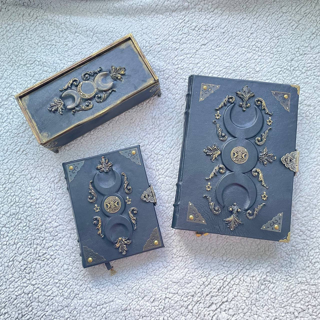 Black Moon Esoteric Set – Handmade Grimoire Duo & Gothic Witch Chest