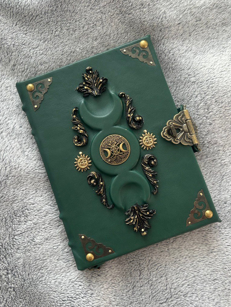 Green Triple Moon Leather Grimoire - Handmade Witchcraft Journal A5/A4 • Locking Spellbook • Eco Kraft Pages