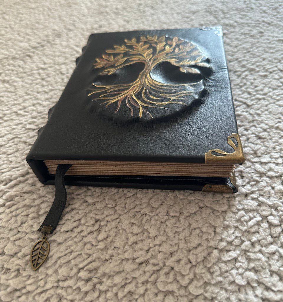 Tree of Life Genealogy Grimoire Handmade Black Leather Family History Journal • Space Endpaper