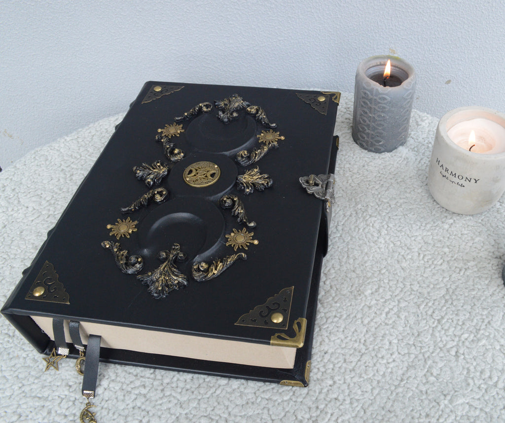 Black Moon Leather Grimoire A4 • Handmade Spellbook with Bronze Decor & Lock • Gothic Witch Journal