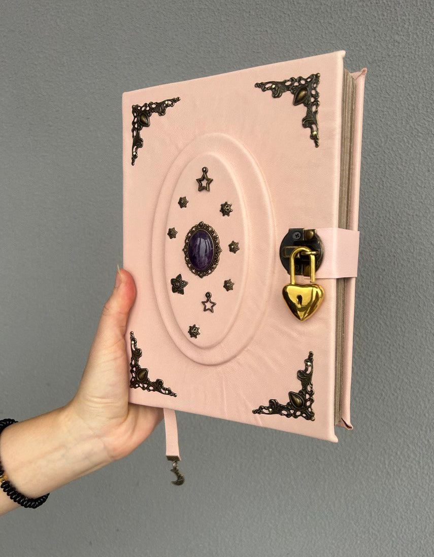 Powder Pink Amethyst Grimoire - Handmade Leather Witchcraft Journal • Heart-Lock Spellbook • Mystical Gift Book