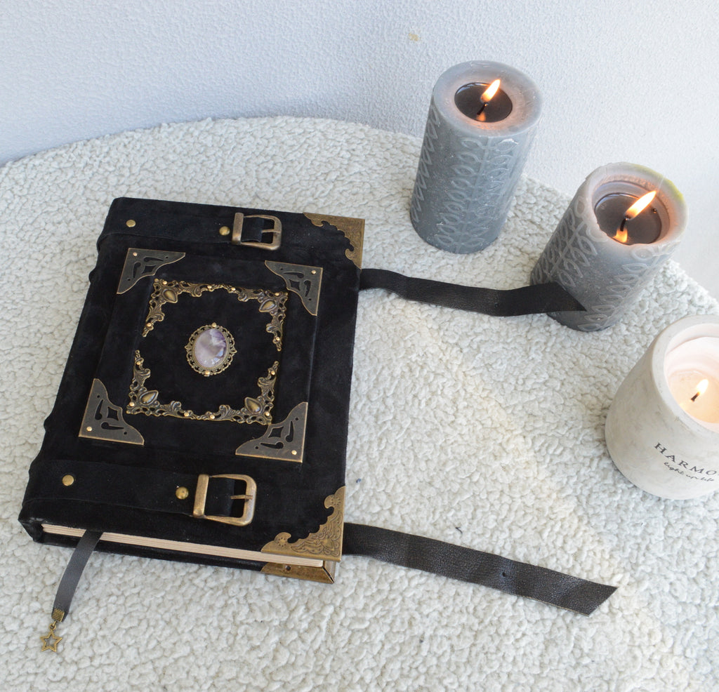 Medieval Black Suede Grimoire Handmade Spellbook with Amethyst • Buckle Straps & Bronze Details