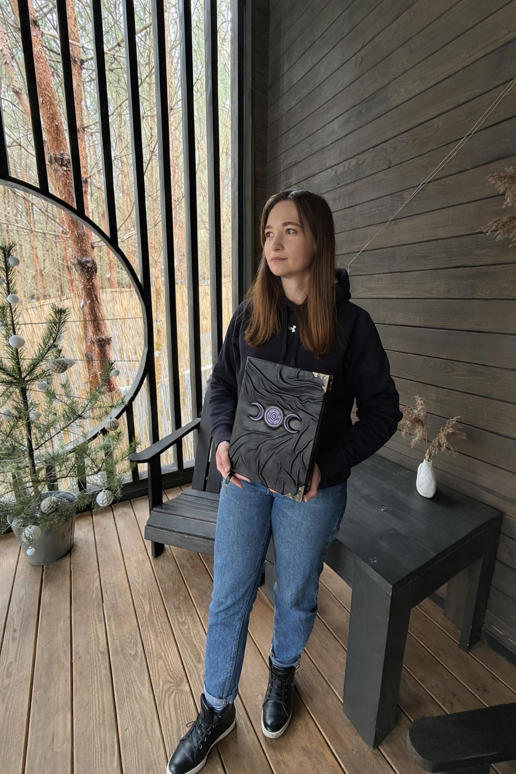 Hecate Grimoire – Handmade Leather Book of Shadows with Triple Moon & Labyrinth