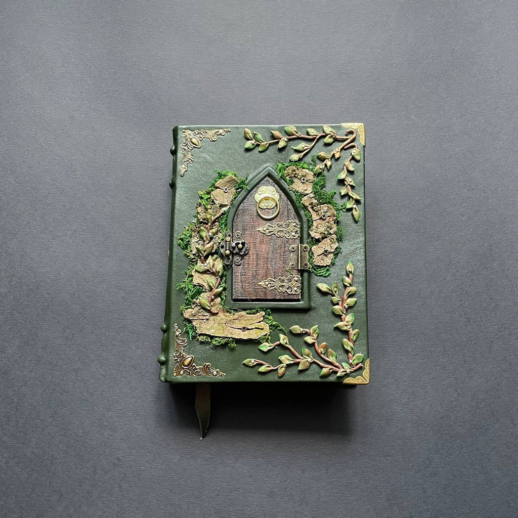 The Door to Fairyland Grimoire – Green Leather Journal with Working Door, Personalized Message