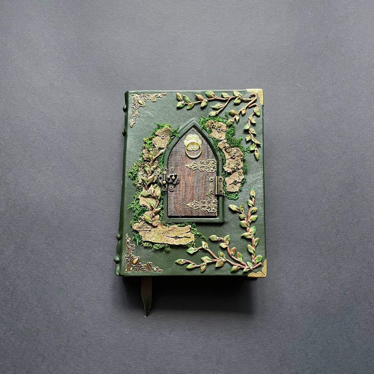 The Door to Fairyland Grimoire – Green Leather Journal with Working Door, Personalized Message