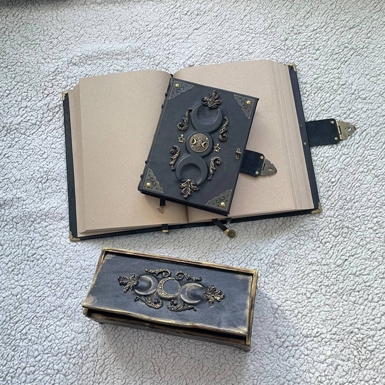 Black Moon Esoteric Set – Handmade Grimoire Duo & Gothic Witch Chest