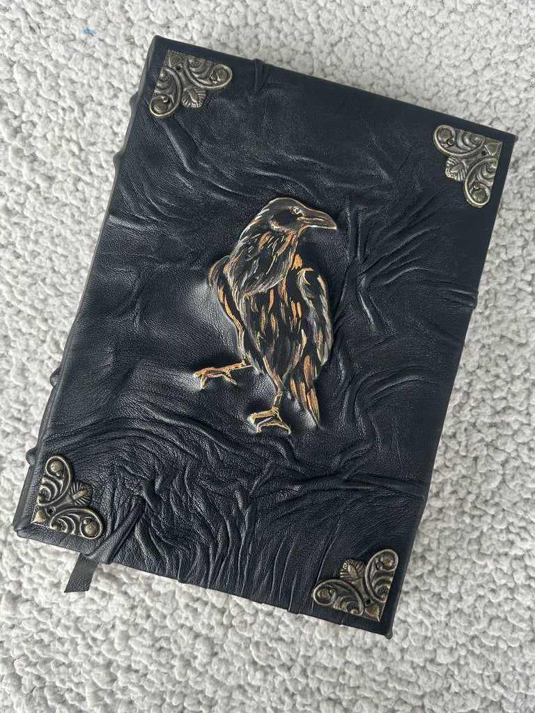 The Avenger Raven – Handcrafted Black Leather Grimoire | Mystical A5 Journal for Witches, Shadow Work & Fantasy Writing