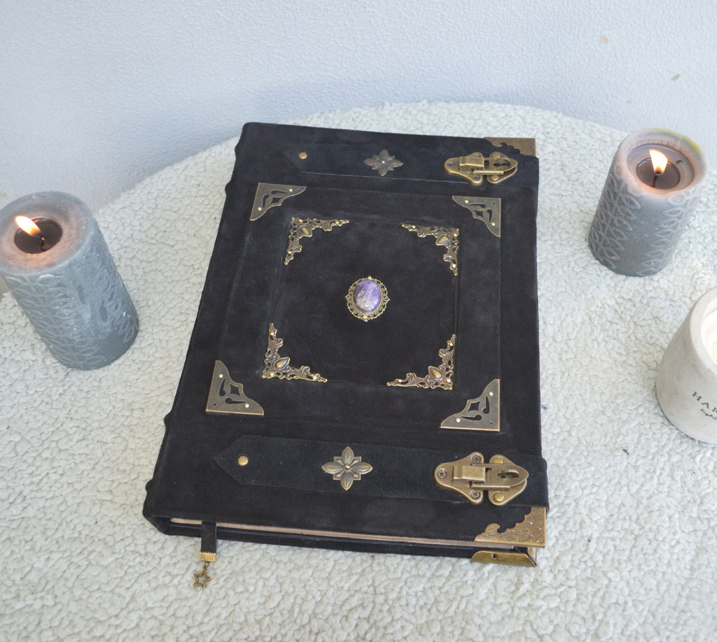 Elite Medieval Grimoire • A4 Handmade Leather Book of Shadows • Amethyst Witchcraft Journal