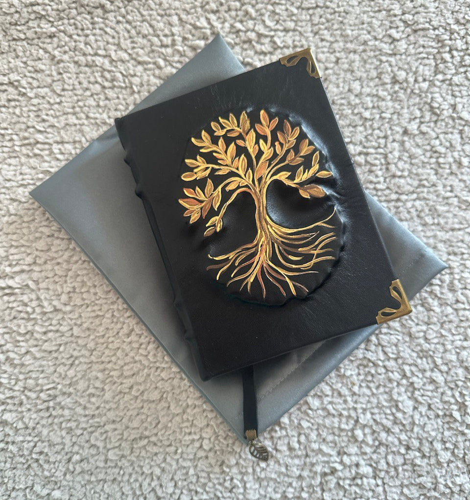 Tree of Life Genealogy Grimoire Handmade Black Leather Family History Journal • Space Endpaper