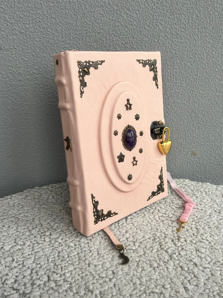 Powder Pink Amethyst Grimoire - Handmade Leather Witchcraft Journal • Heart-Lock Spellbook • Mystical Gift Book