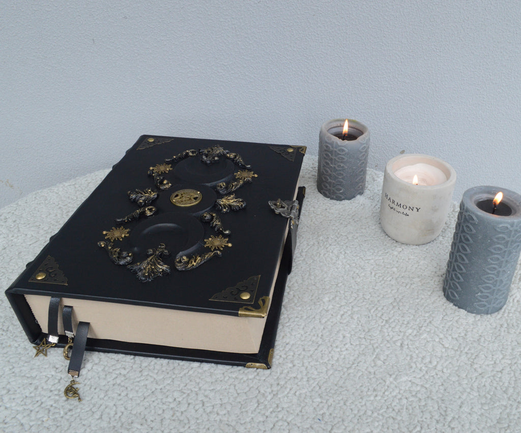 Black Moon Leather Grimoire A4 • Handmade Spellbook with Bronze Decor & Lock • Gothic Witch Journal