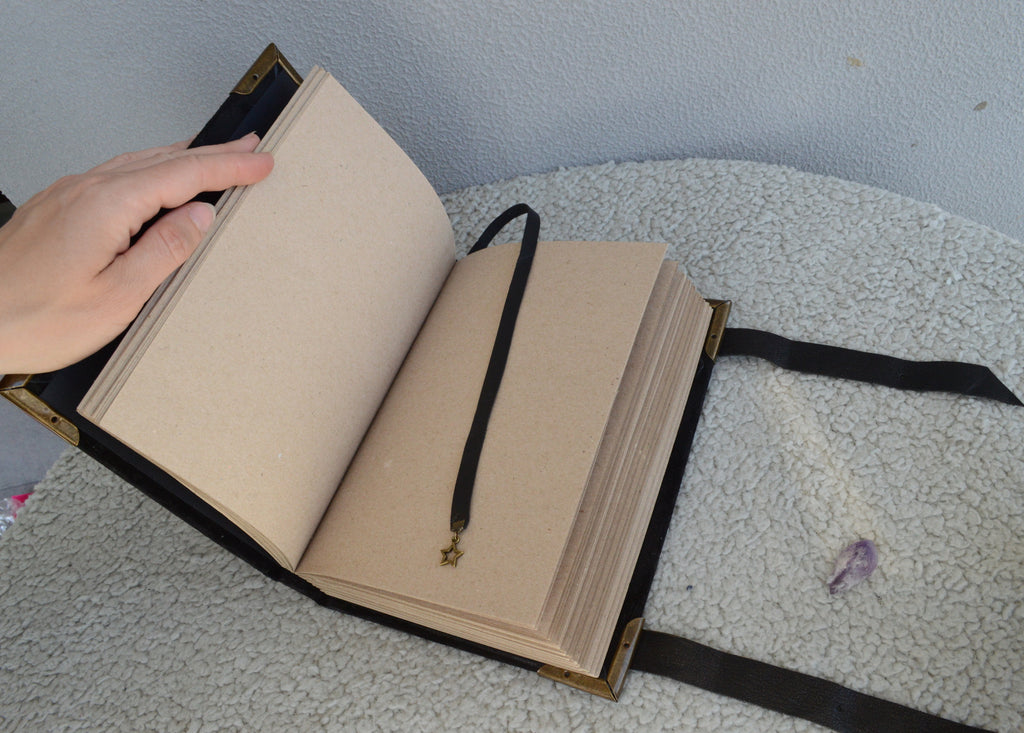 Medieval Black Suede Grimoire Handmade Spellbook with Amethyst • Buckle Straps & Bronze Details