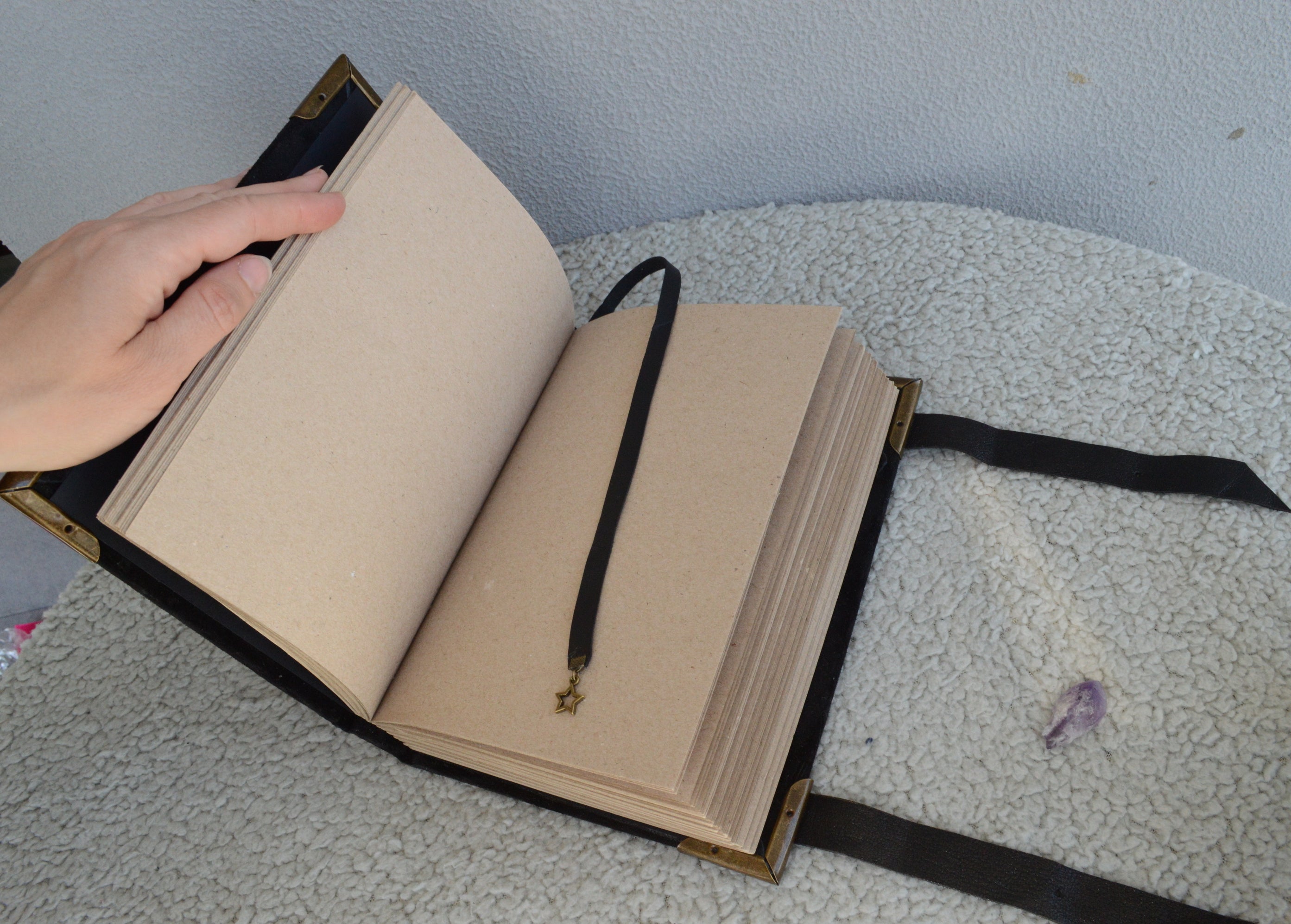 Medieval Black Suede Grimoire Handmade Spellbook with Amethyst • Buckle Straps & Bronze Details