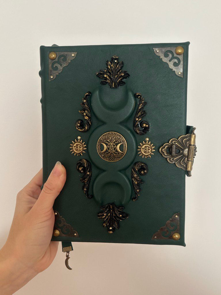 Green Triple Moon Leather Grimoire - Handmade Witchcraft Journal A5/A4 • Locking Spellbook • Eco Kraft Pages