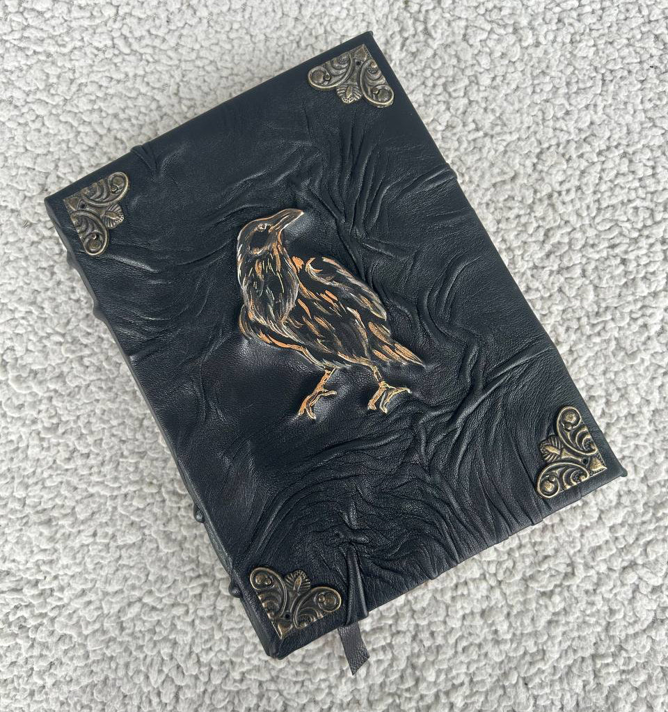 The Avenger Raven – Handcrafted Black Leather Grimoire | Mystical A5 Journal for Witches, Shadow Work & Fantasy Writing
