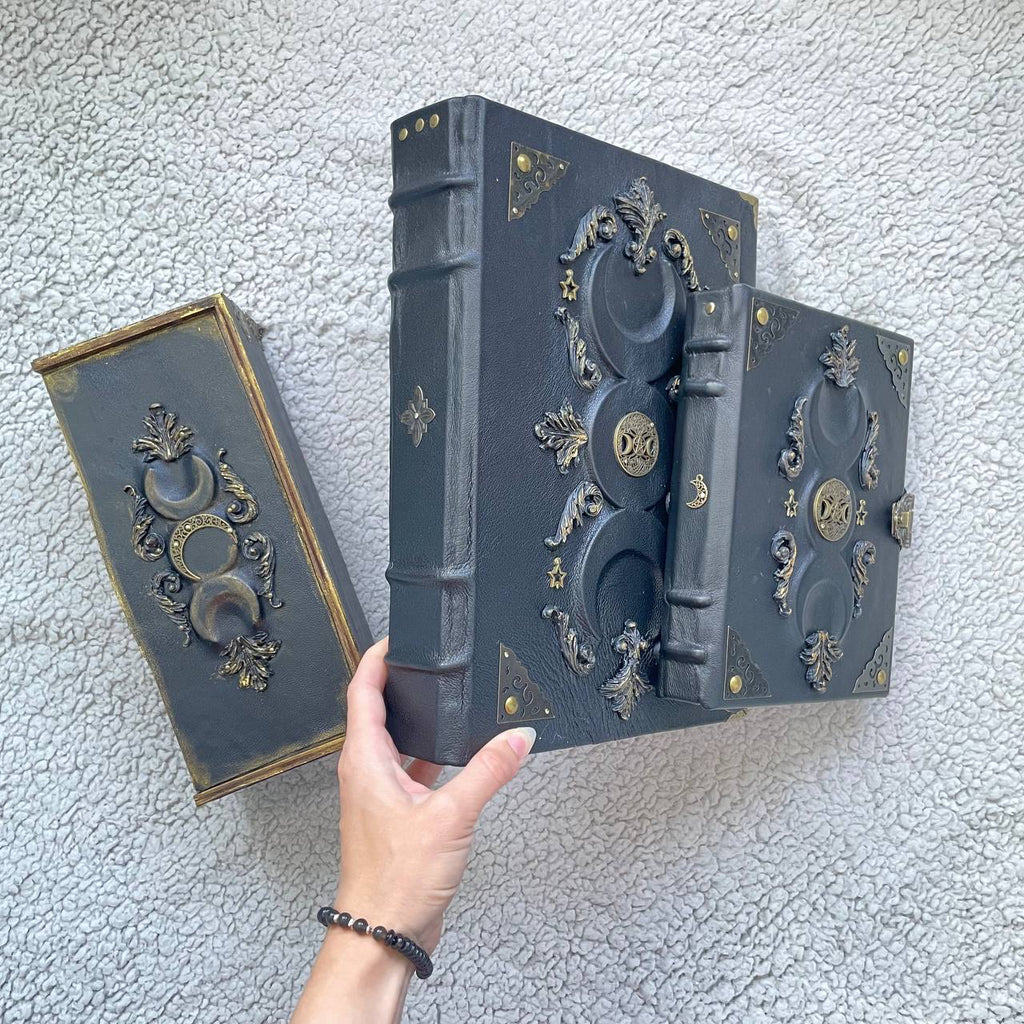 Black Moon Esoteric Set – Handmade Grimoire Duo & Gothic Witch Chest