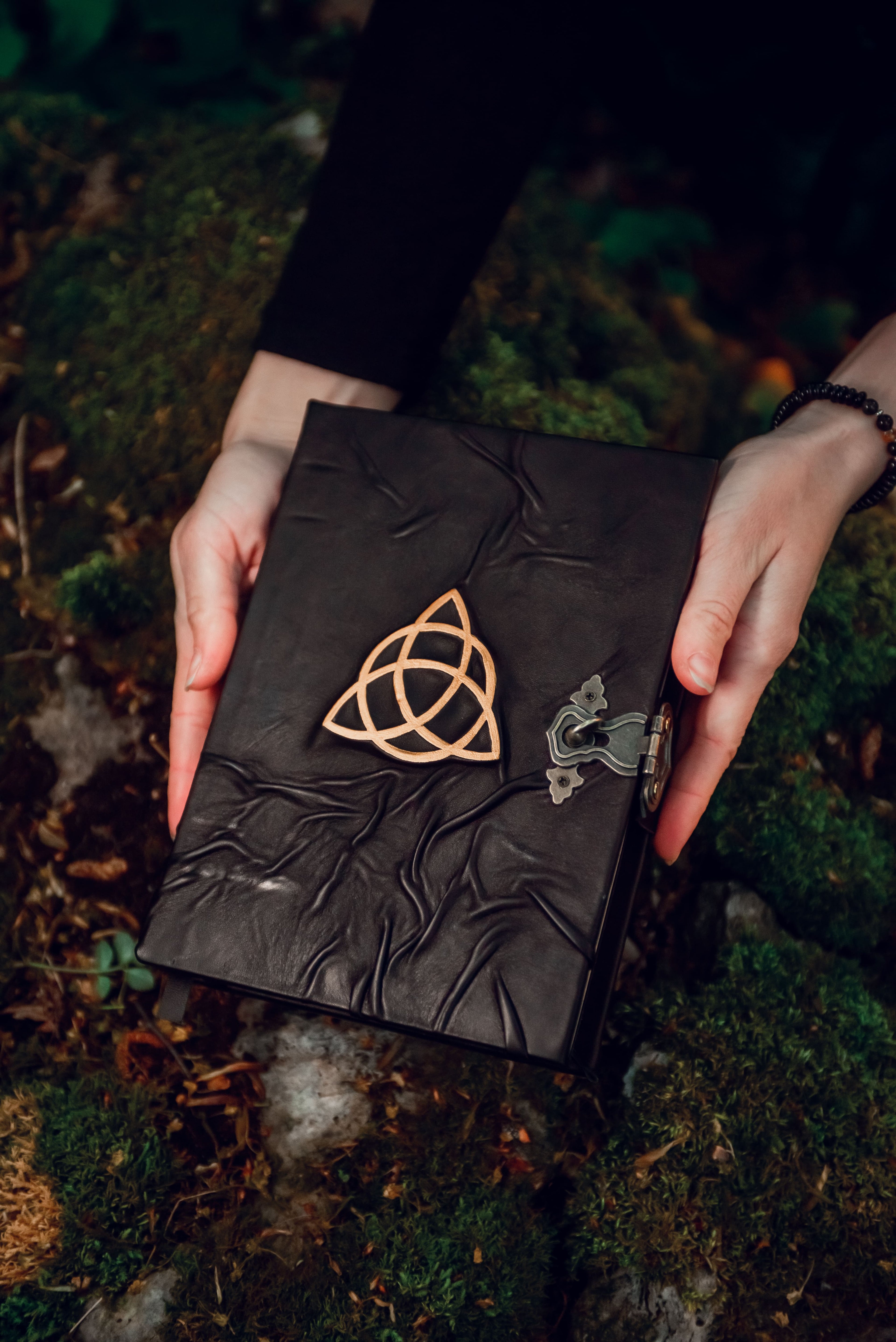 Leather Grimoire with Gold Triquetra | Book of Shadows Journal | Handmade Witch Notebook | Pagan Gift