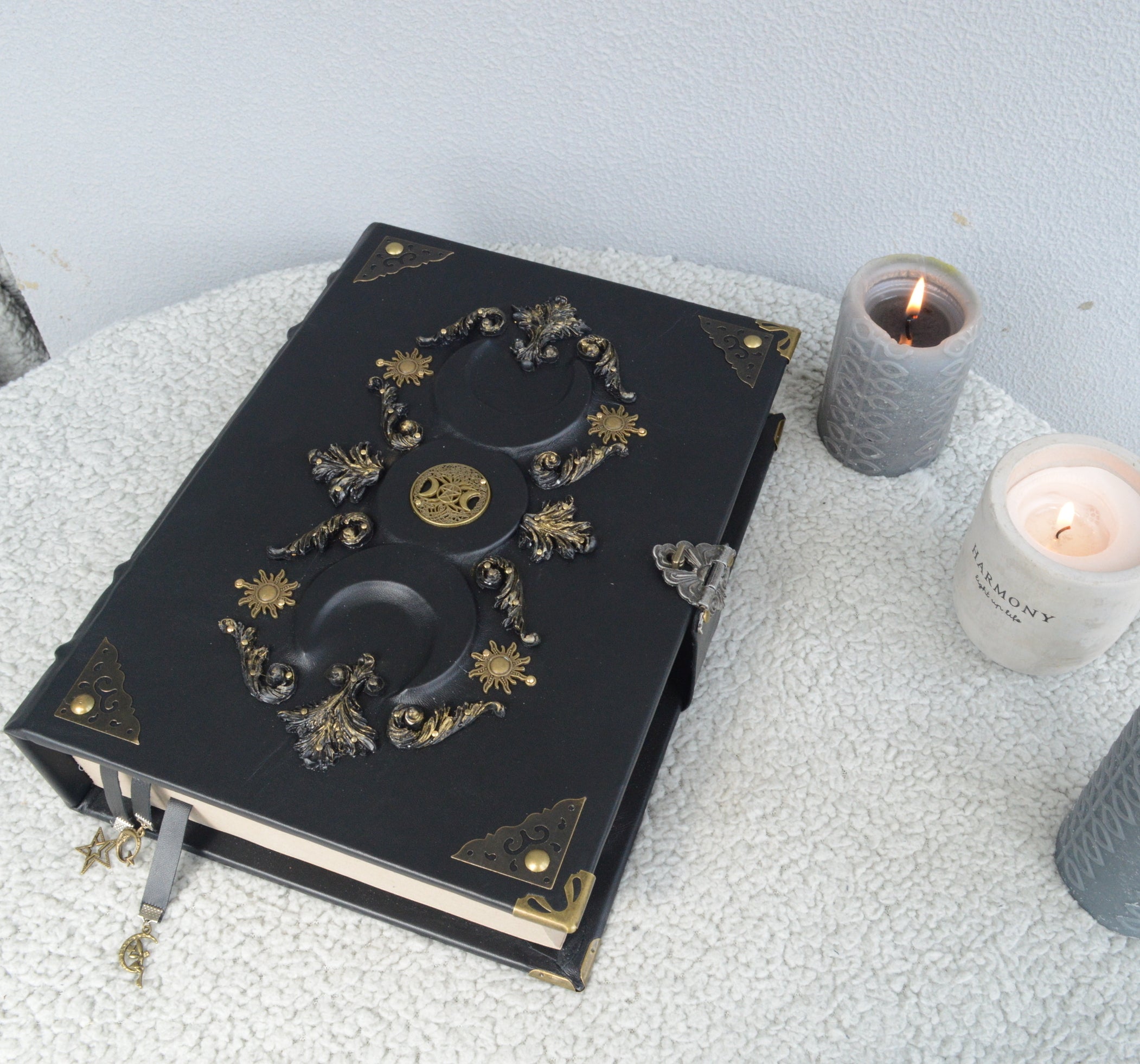 Black Moon Leather Grimoire A4 • Handmade Spellbook with Bronze Decor & Lock • Gothic Witch Journal