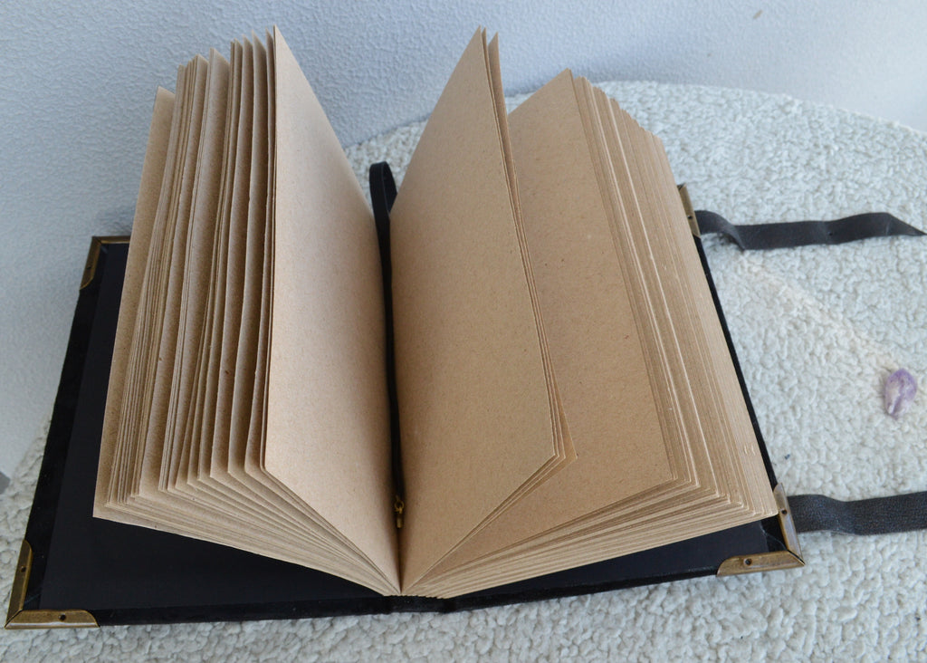 Medieval Black Suede Grimoire Handmade Spellbook with Amethyst • Buckle Straps & Bronze Details