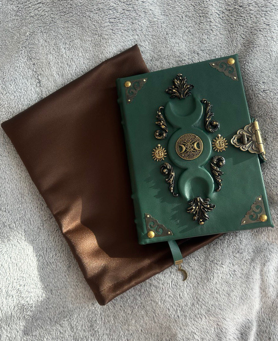 Green Triple Moon Leather Grimoire - Handmade Witchcraft Journal A5/A4 • Locking Spellbook • Eco Kraft Pages