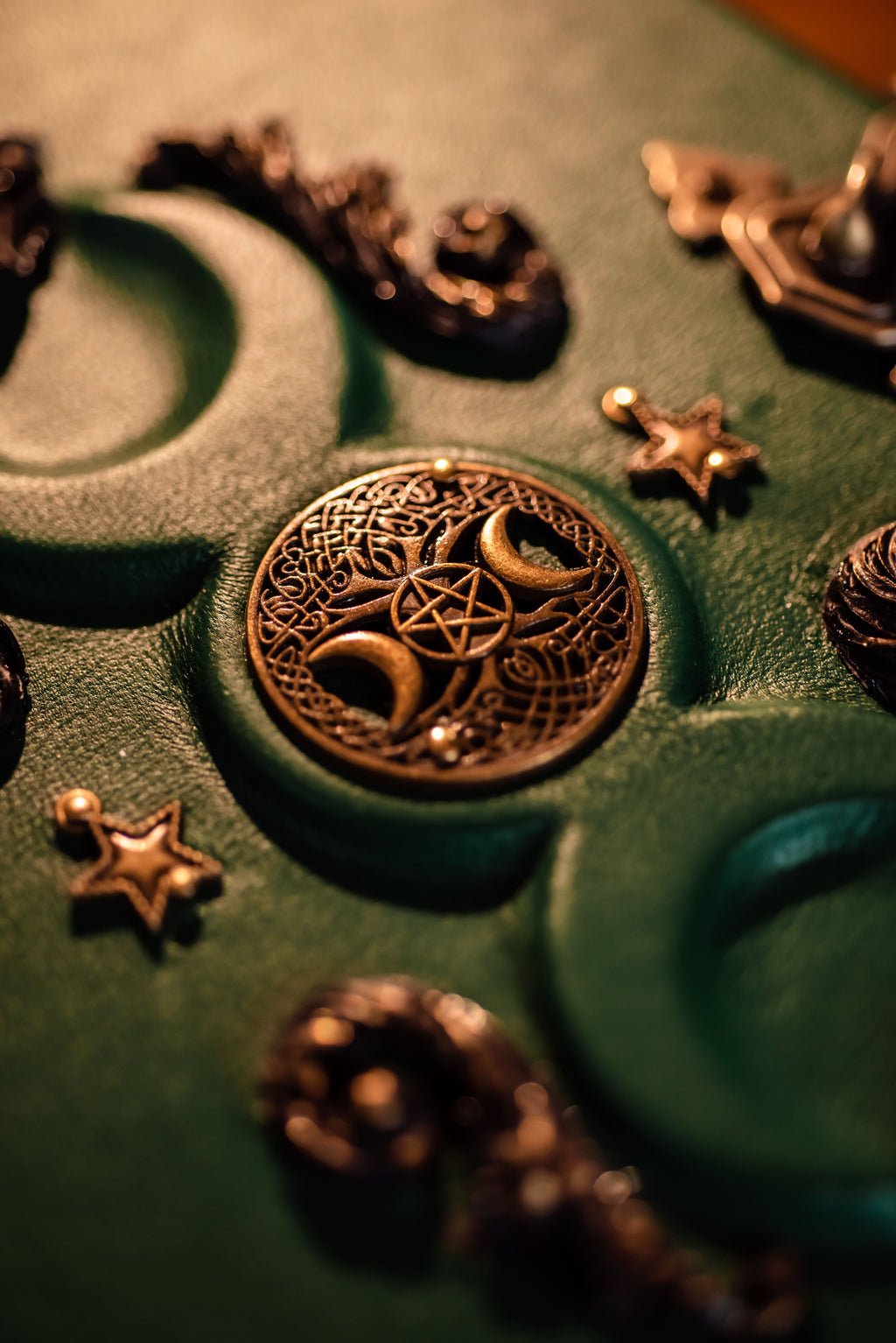 Green Moon Leather Grimoire | Handmade Triple Moon Journal for Witches & Spiritual Seekers