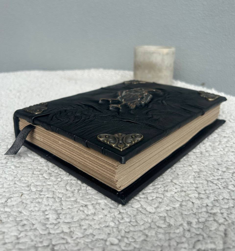 The Avenger Raven – Handcrafted Black Leather Grimoire | Mystical A5 Journal for Witches, Shadow Work & Fantasy Writing
