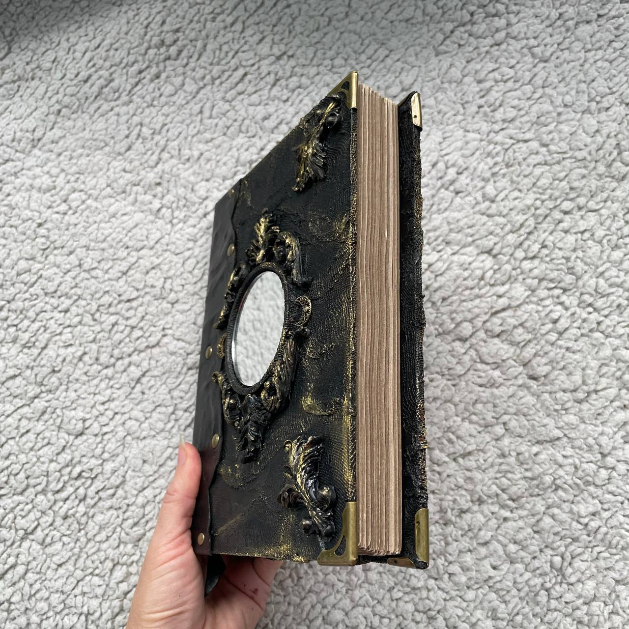 Handmade Mirror Grimoire – Leather Witch Journal with Vintage Effect