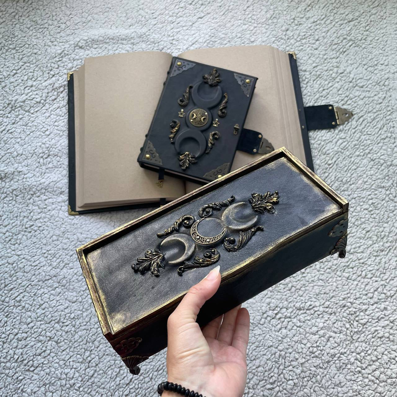 Black Moon Esoteric Set – Handmade Grimoire Duo & Gothic Witch Chest
