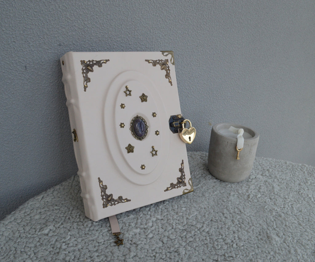 Light Pink Amethyst Grimoire with Lock - Handmade Leather Book of Shadows • Spellbook with Heart Padlock