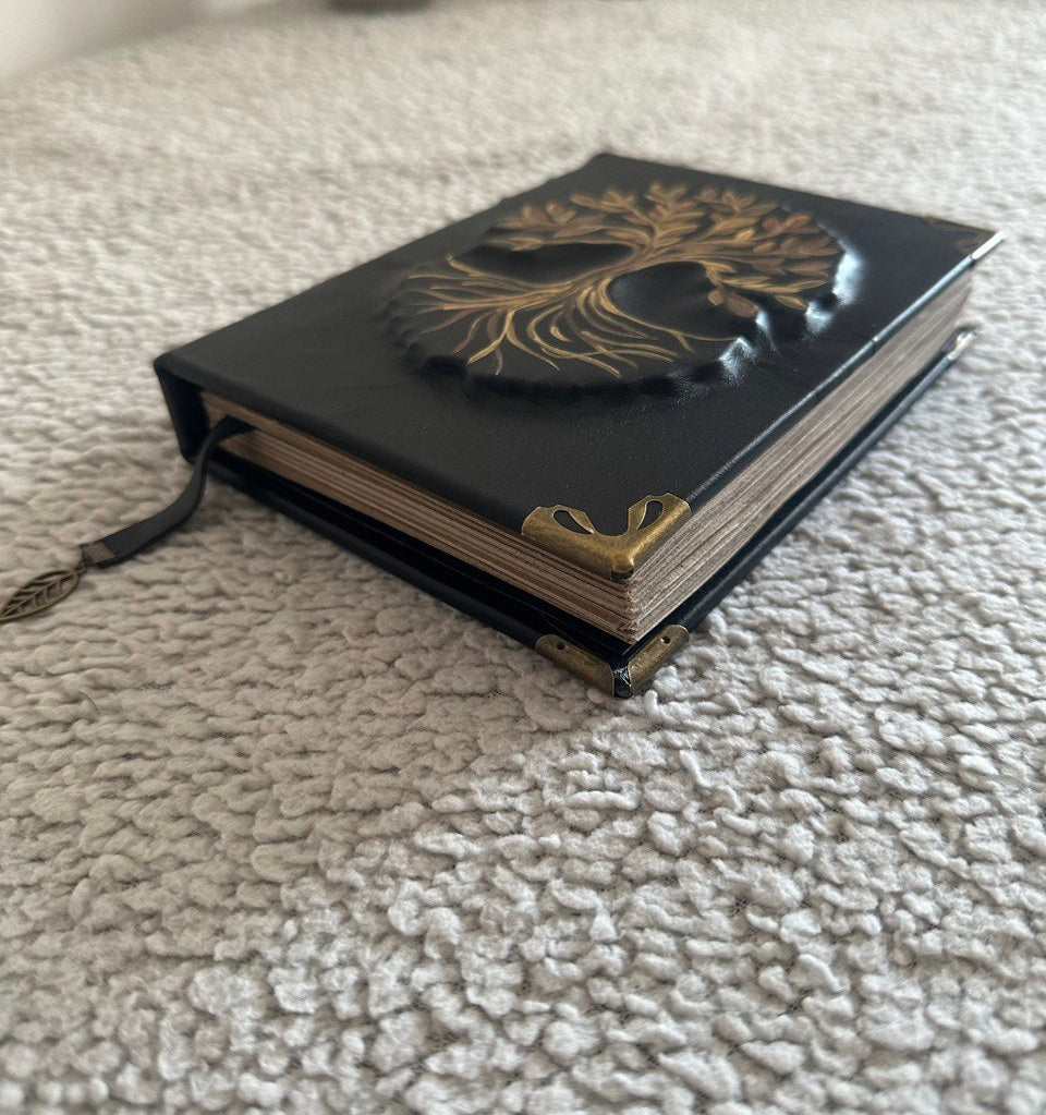 Tree of Life Genealogy Grimoire Handmade Black Leather Family History Journal • Space Endpaper