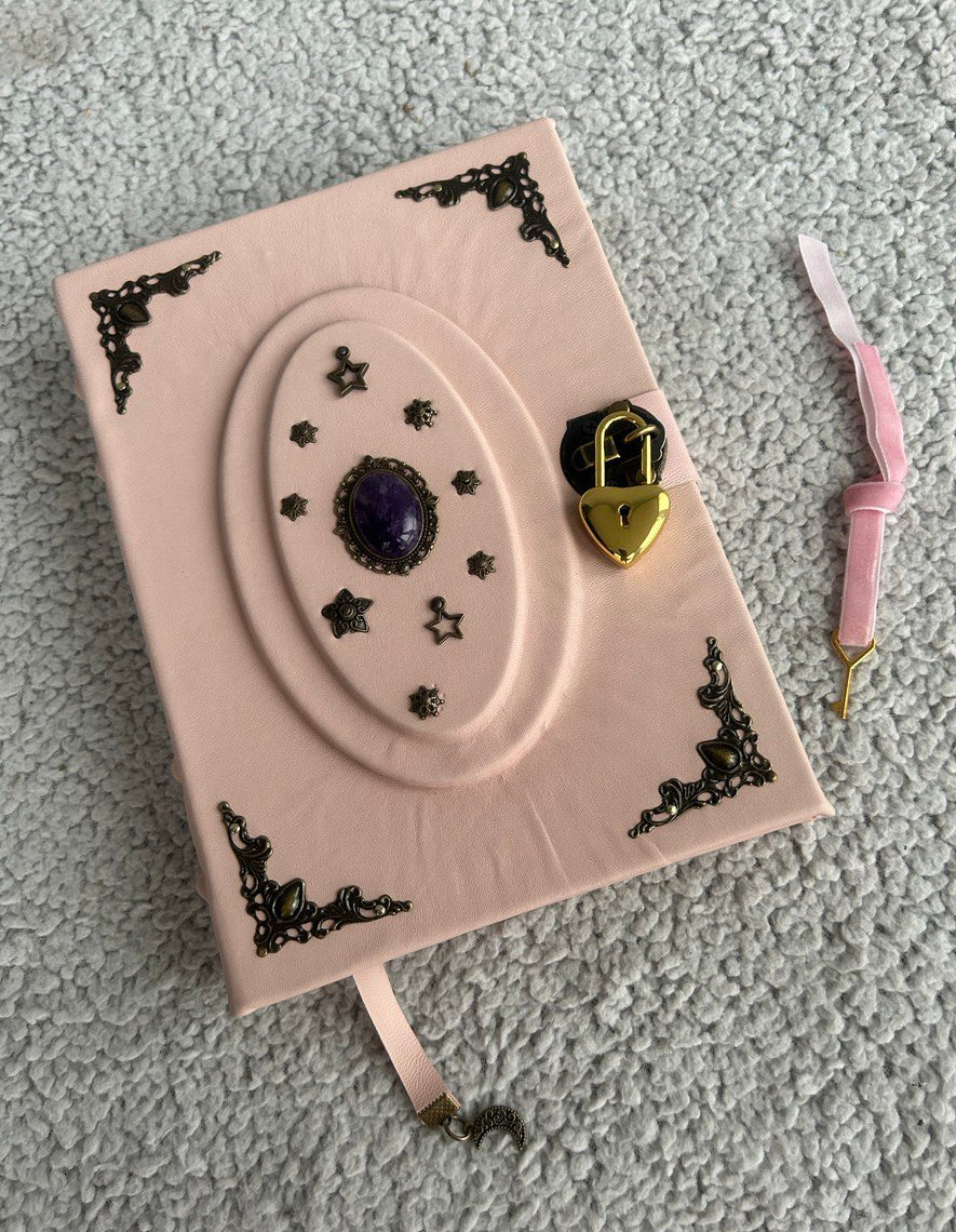 Powder Pink Amethyst Grimoire - Handmade Leather Witchcraft Journal • Heart-Lock Spellbook • Mystical Gift Book