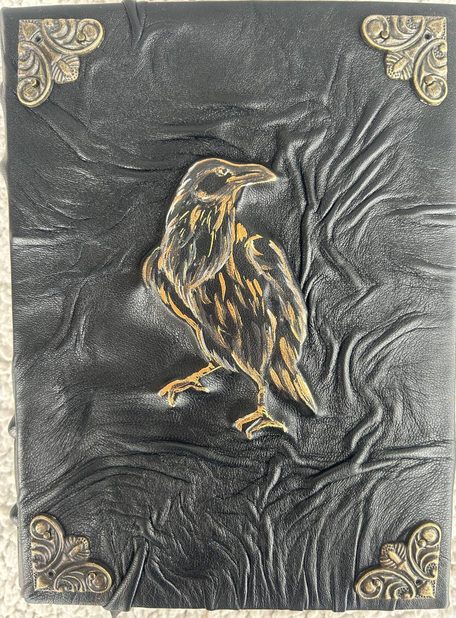 The Avenger Raven – Handcrafted Black Leather Grimoire | Mystical A5 Journal for Witches, Shadow Work & Fantasy Writing