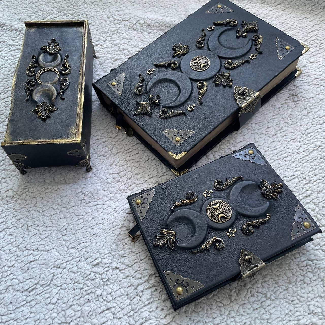 Black Moon Esoteric Set – Handmade Grimoire Duo & Gothic Witch Chest