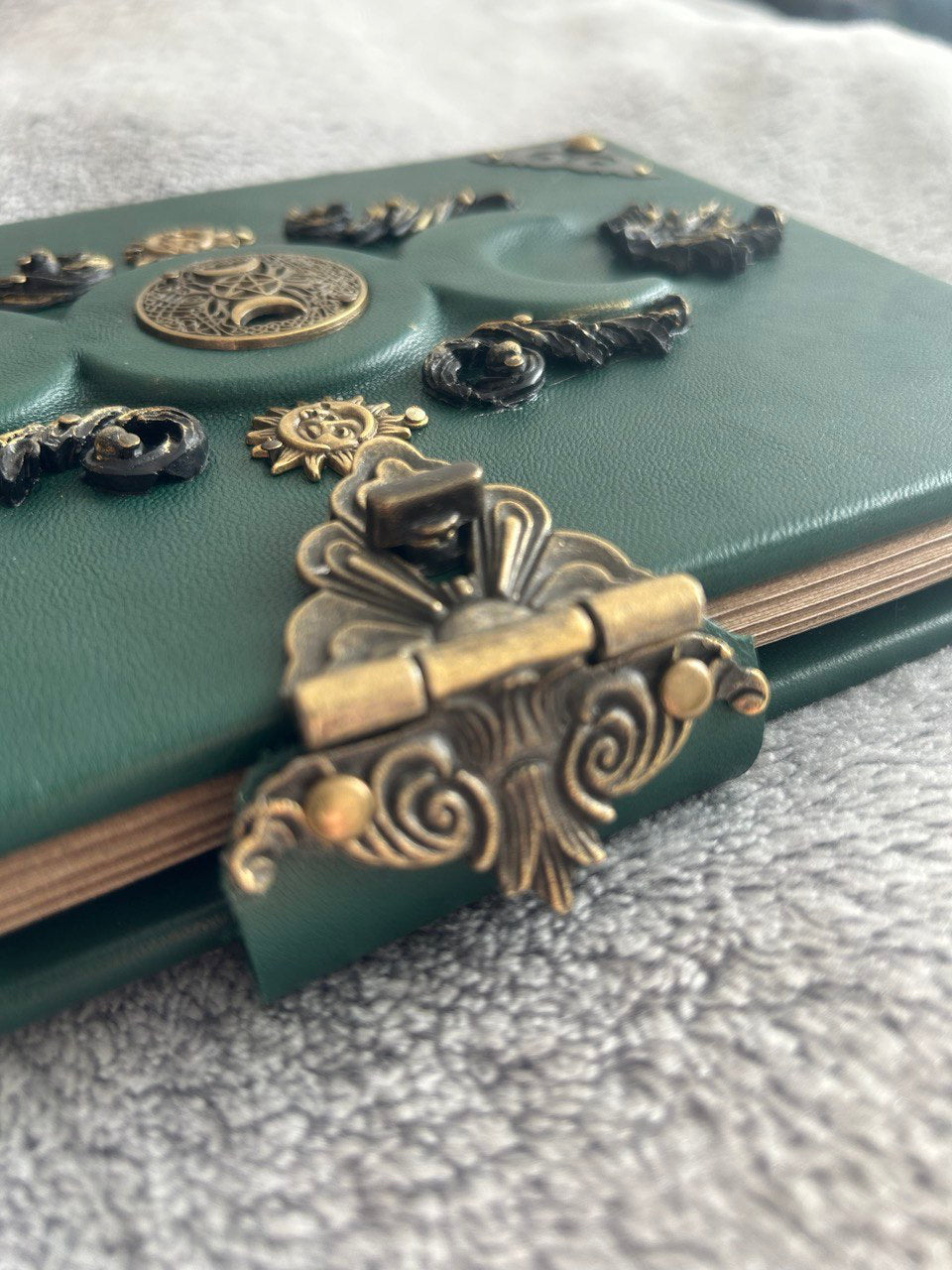 Green Triple Moon Leather Grimoire - Handmade Witchcraft Journal A5/A4 • Locking Spellbook • Eco Kraft Pages