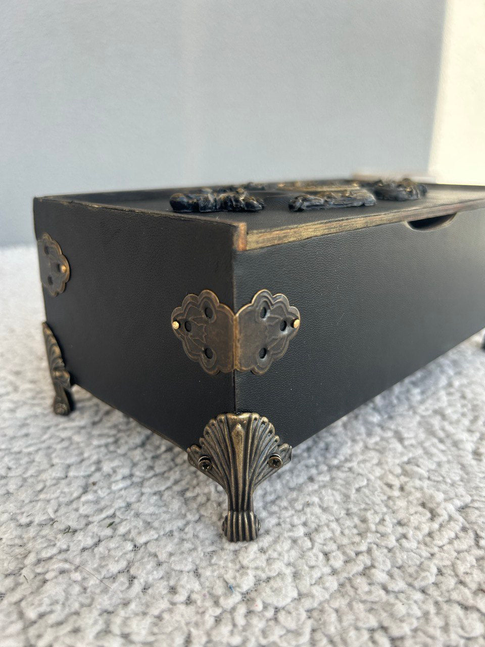 Gothic Black Leather Tarot Box – Witch Altar Storage for Runes & Jewelry