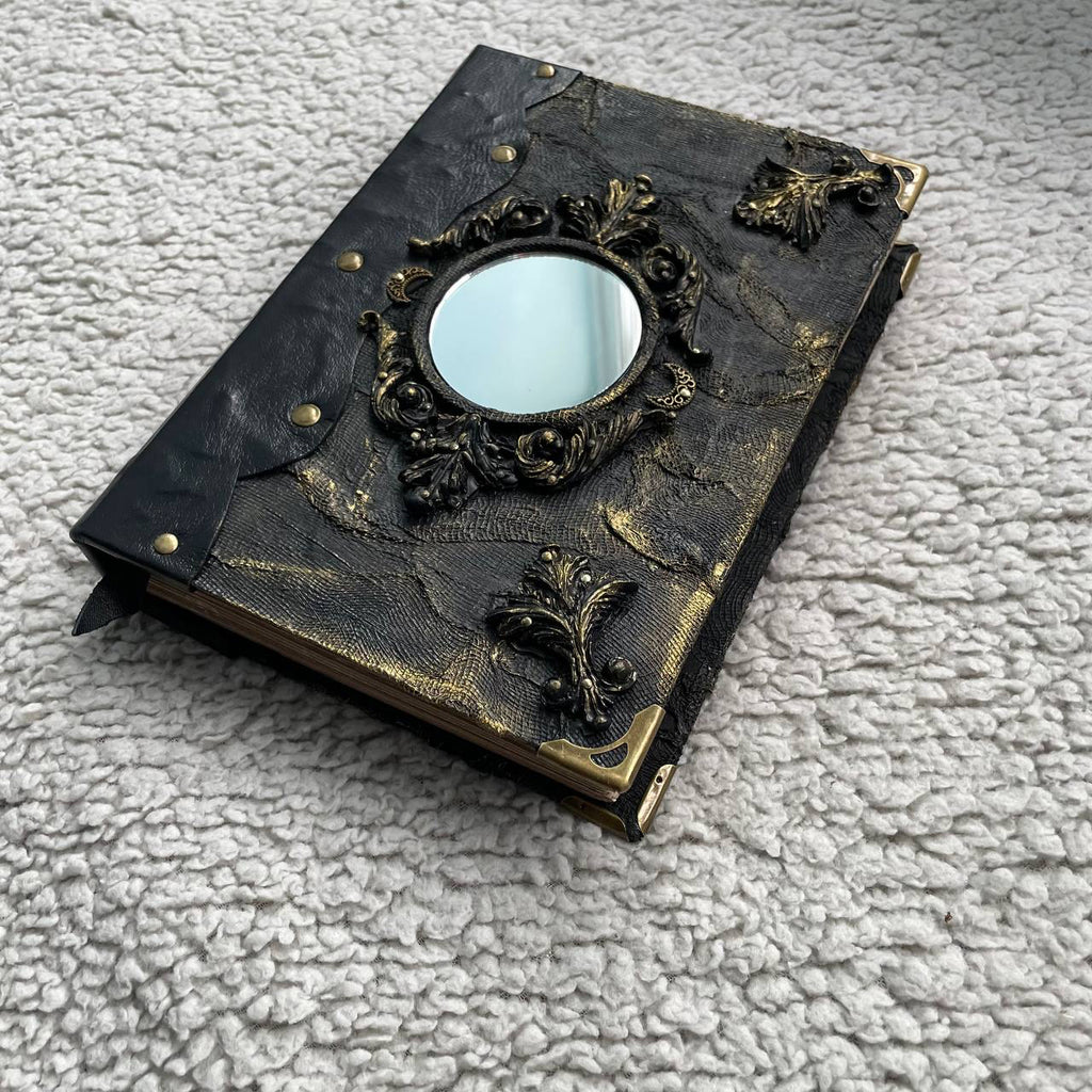 Handmade Mirror Grimoire – Leather Witch Journal with Vintage Effect