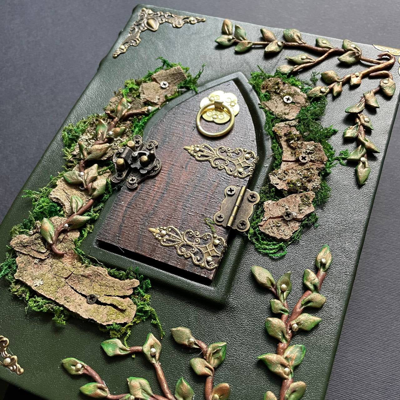 The Door to Fairyland Grimoire – Green Leather Journal with Working Door, Personalized Message