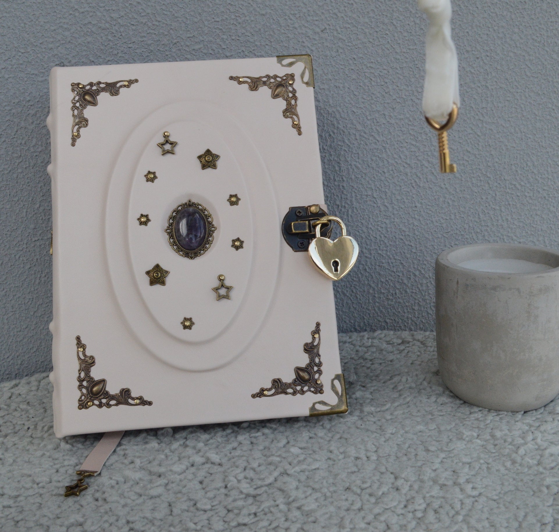 Light Pink Amethyst Grimoire with Lock - Handmade Leather Book of Shadows • Spellbook with Heart Padlock