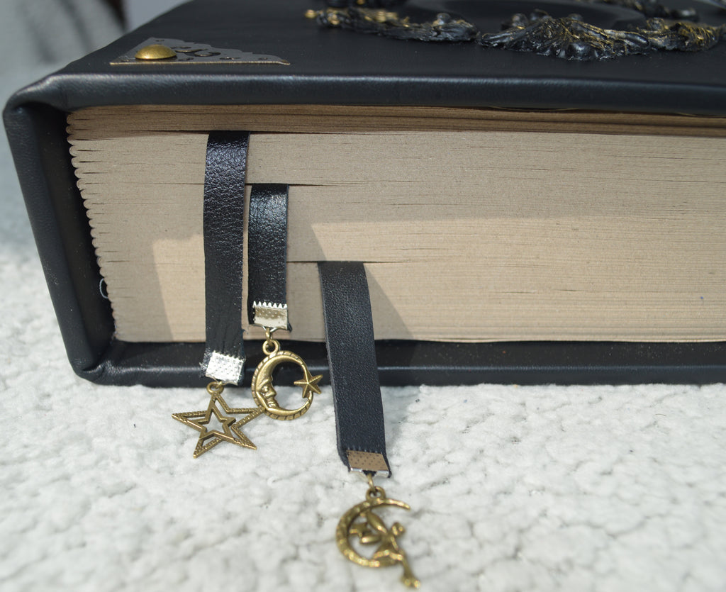 Black Moon Leather Grimoire A4 • Handmade Spellbook with Bronze Decor & Lock • Gothic Witch Journal