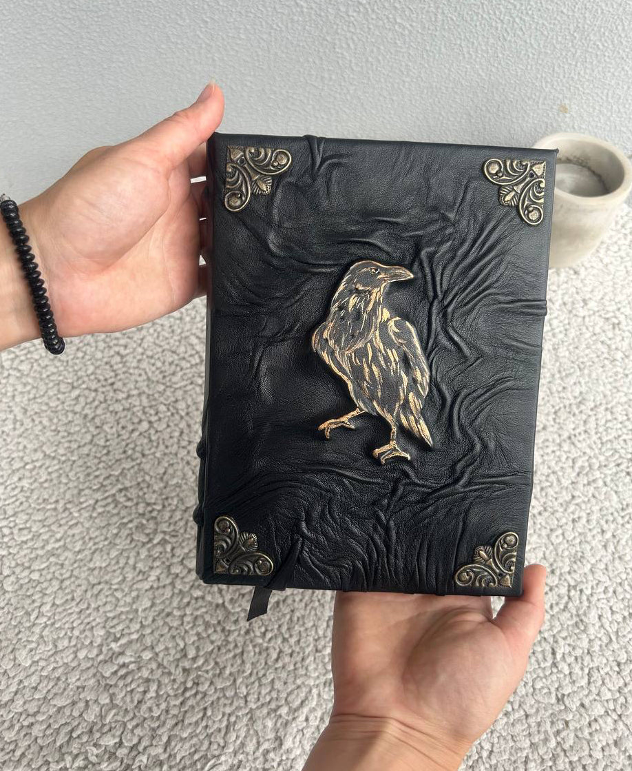 The Avenger Raven – Handcrafted Black Leather Grimoire | Mystical A5 Journal for Witches, Shadow Work & Fantasy Writing
