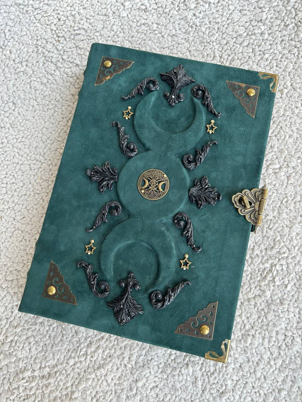 Triple Moon Grimoire - Handcrafted Lunar Witch Journal • Leather Book of Shadows