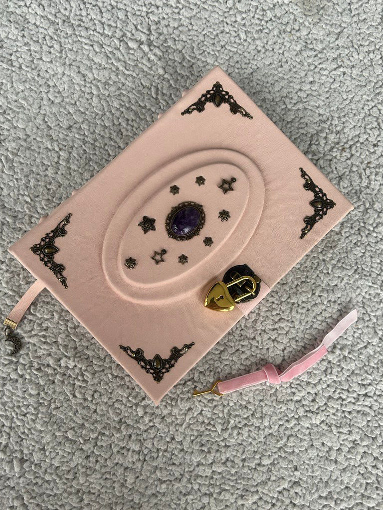 Powder Pink Amethyst Grimoire - Handmade Leather Witchcraft Journal • Heart-Lock Spellbook • Mystical Gift Book
