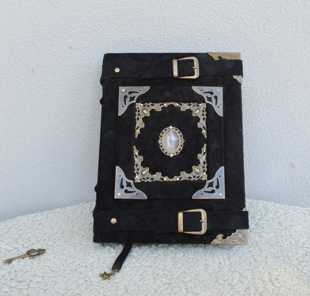 Medieval Black Suede Grimoire Handmade Spellbook with Amethyst • Buckle Straps & Bronze Details