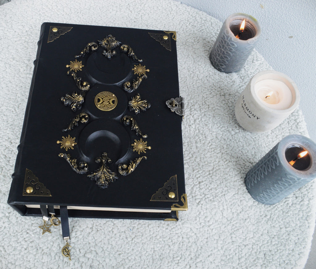 Black Moon Leather Grimoire A4 • Handmade Spellbook with Bronze Decor & Lock • Gothic Witch Journal
