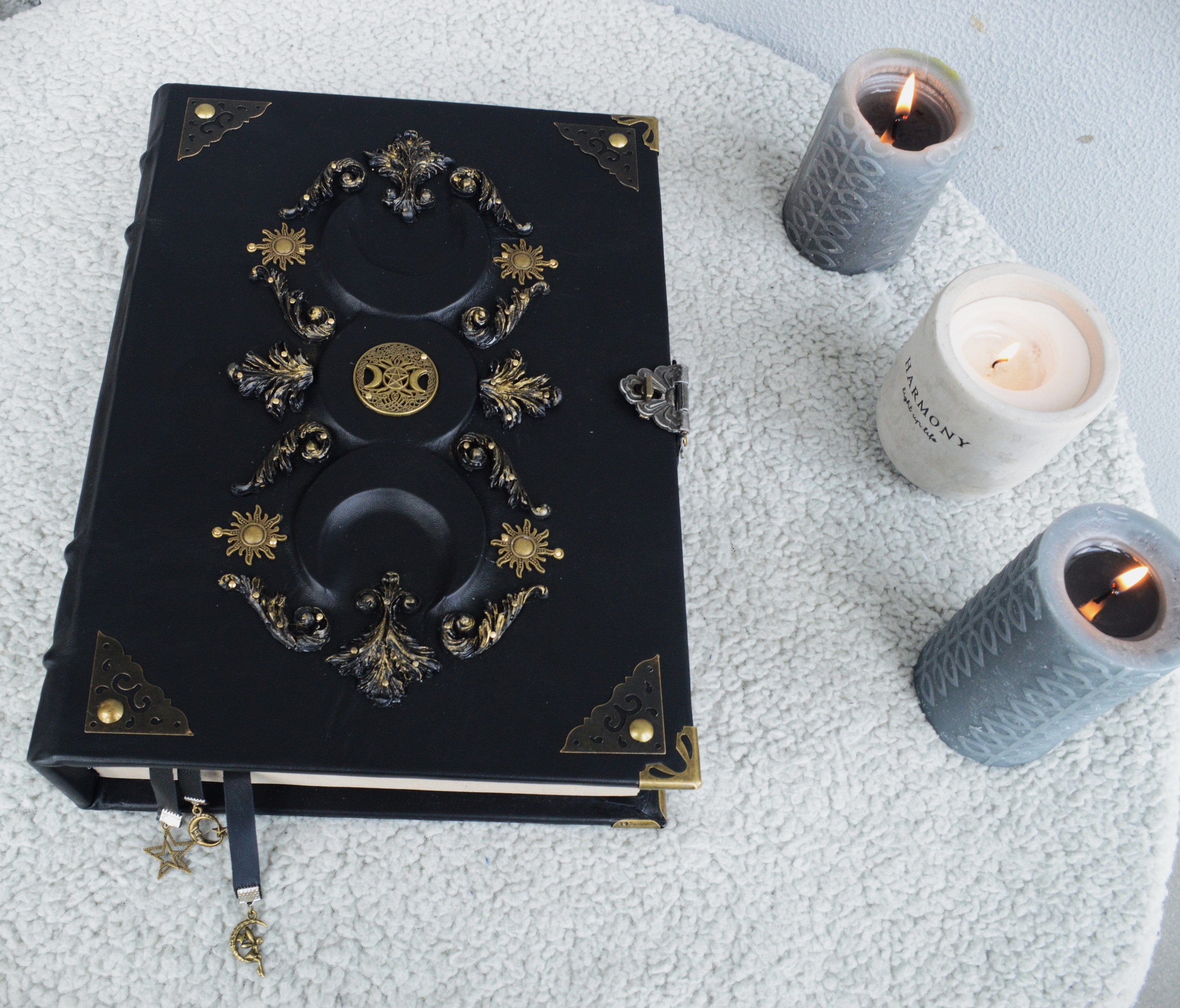 Black Moon Leather Grimoire A4 • Handmade Spellbook with Bronze Decor & Lock • Gothic Witch Journal
