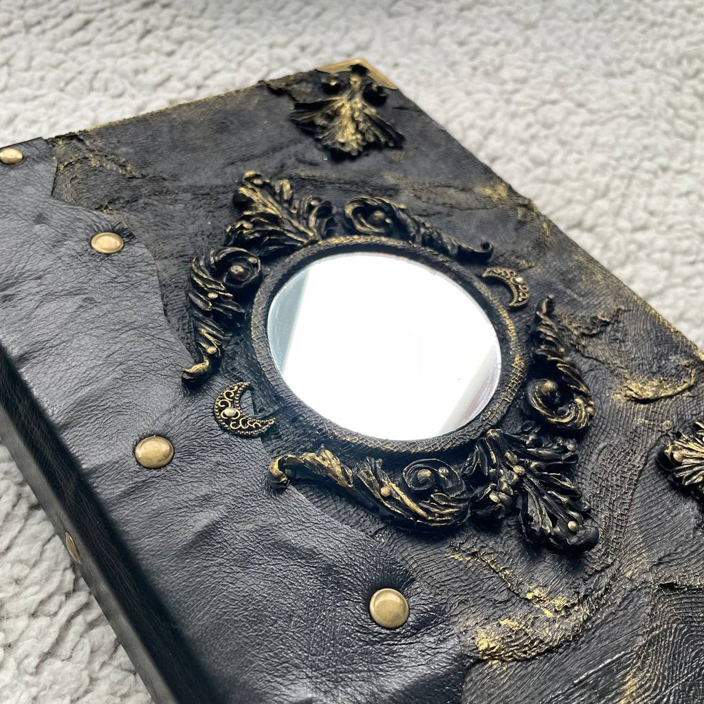 Handmade Mirror Grimoire – Leather Witch Journal with Vintage Effect